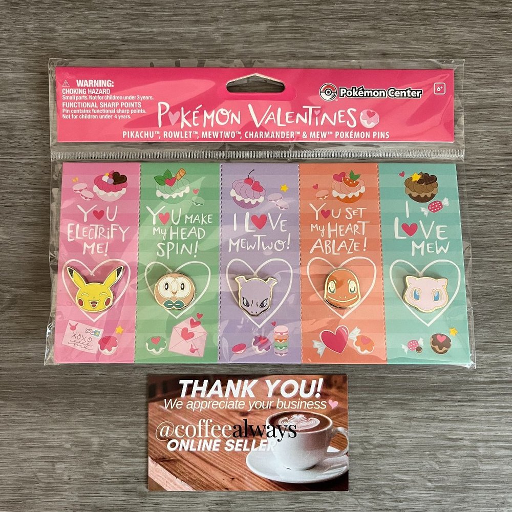 Pokemon Valentines Pins Set of 5: Pikachu, Rowlet, Mewtwo, Charmander, Mew NWT